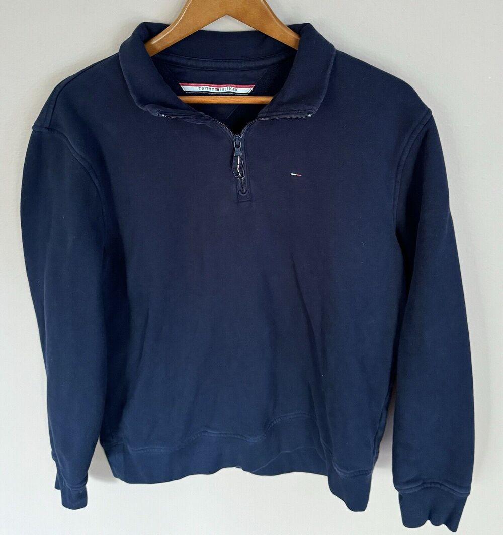 Tommy Hilfiger Sweater Pullover 1/4 Zip Long Sleeve Mock Neck Cotton Dark Blue L